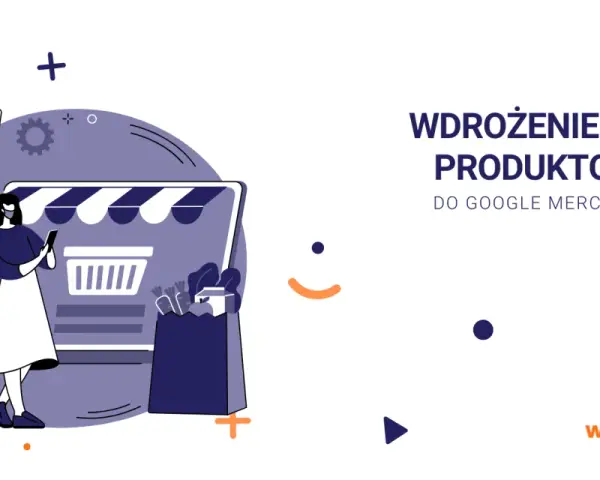 Kobieta z telefonem przed sklepem, rakieta startuje. Wdrożenie feedu produktowego do Google Merchant Center.