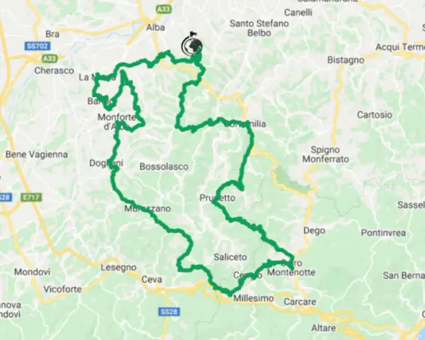 Mappa di un percorso in moto tra le Langhe, con tappe a Monforte d'Alba, Bossolasco e Millesimo.