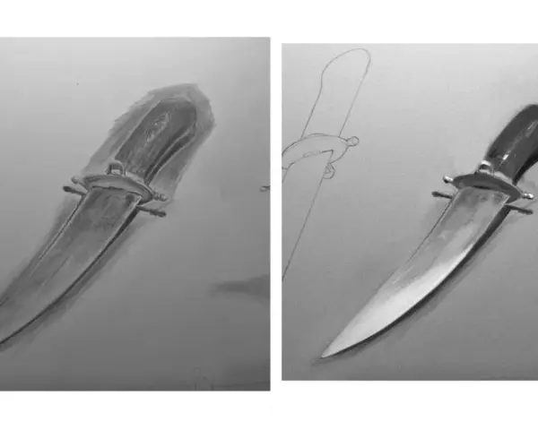 Dos dibujos de un cuchillo, uno en proceso y otro realista con brillo.