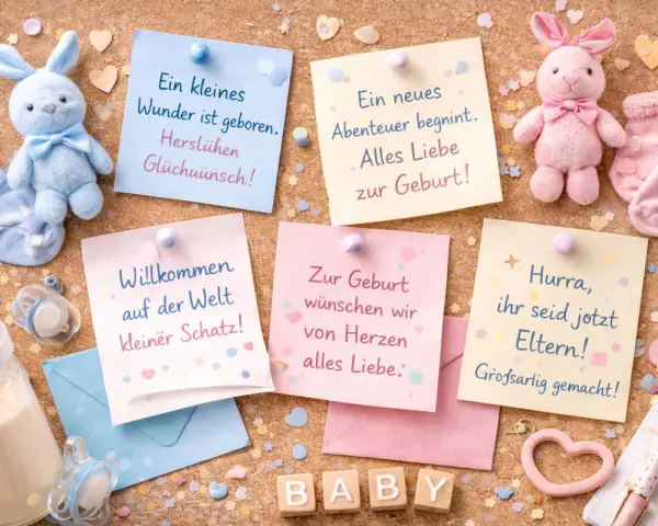 Kleine Hasen, Söckchen und Botschaften feiern die Geburt eines Jungen. Alles Liebe zur Geburt!