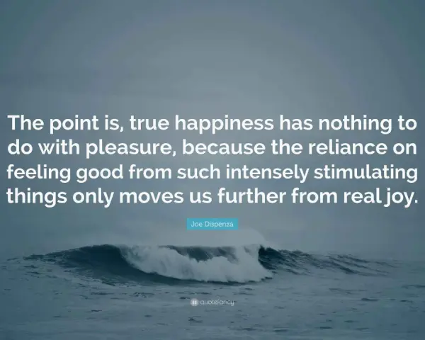 A quote by Joe Dispenza on a stormy ocean background, discussing true happiness and its sources beyond fleeting pleasure.