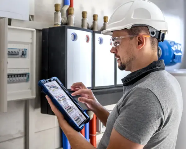 Elektryk w kasku i okularach ochronnych dokonuje przeglądu instalacji elektrycznej, korzystając z tabletu.