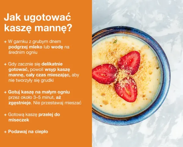 Miseczka kremowej kaszy manny na mleku, udekorowana plasterkami truskawek i posypką.