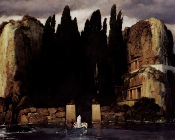 Le tableau "L'Île des morts" dépeint une île rocheuse sombre, bordée de cyprès, avec une barque transportant une figure solitaire vers un rivage mystérieux.