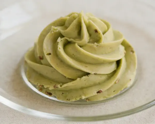 Puszysty krem pistacjowy do tortu, udekorowany na talerzyku.