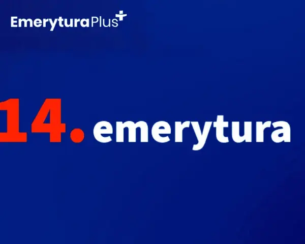 14. emerytura - dodatkowe wsparcie dla seniorów. Logo "Emerytura Plus" na granatowym tle.