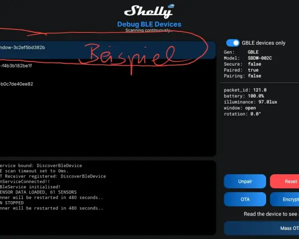 Shelly BLE Debug-Ansicht mit Geräten wie Shelly BLUDoorWindow. Ein Beispiel für die Verbindung eines Shelly Bridge-Geräts.
