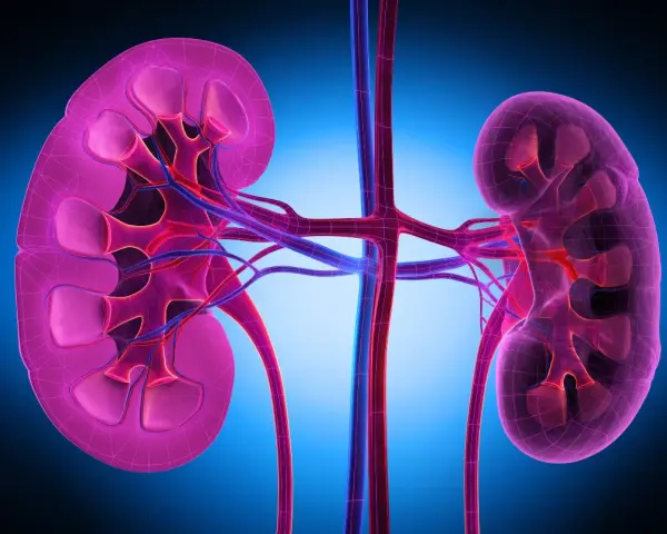 Reni umani stilizzati, con vasi sanguigni. Utile per chi cerca rimedi naturali per difficoltà a urinare uomo.
