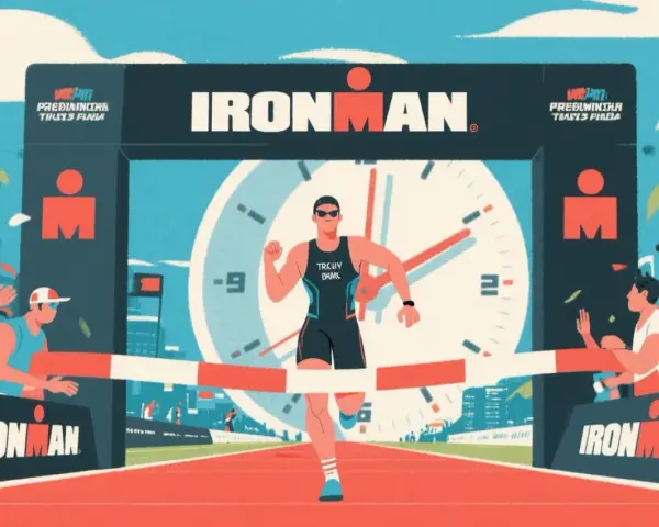 Un athlète franchit la ligne d'arrivée d'un Ironman, le temps s'arrête. Une image qui symbolise la nutrition et la performance.