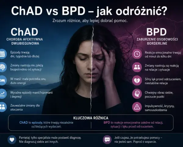 ChAD vs BPD: porównanie objawów. ChAD to epizody trwające niezależnie od sytuacji, BPD to reakcje emocjonalne zależne od relacji i lęku przed odrzuceniem.