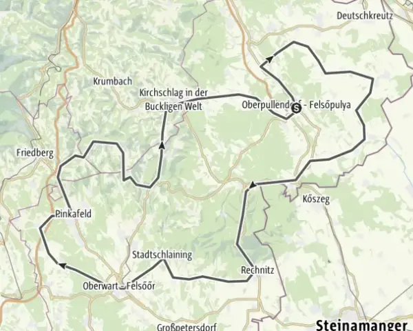 Mappa di un percorso in moto attraverso l'Ungheria e l'Austria, con tappe a Oberwart, Kőszeg e altri luoghi.