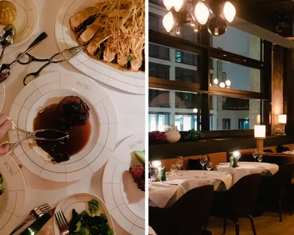 Essen gehen in Berlin: Teller mit Fleisch, Beilagen und eine Hand, die mit einer Zange zugreift. Im Hintergrund ein stilvolles Restaurant mit Tischen und Lichtern.