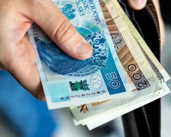 Dłoń trzyma polskie banknoty 50 i 200 zł. Zastanawiasz się nad nowymi zasadami przejścia na emeryturę? Tabela z wyliczeniami pomoże!