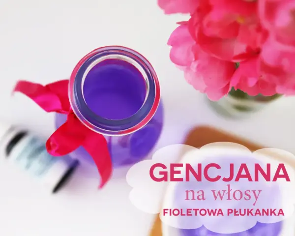 Fioletowa płukanka do włosów z różową wstążką i kwiatami. Zobacz efekty!