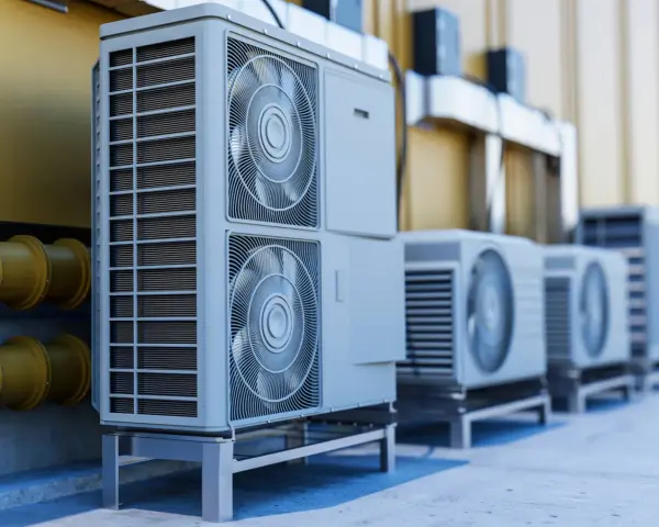 Rząd nowoczesnych jednostek zewnętrznych, w tym potężna pompa ciepła 60 kW, gotowych do zapewnienia wydajnego ogrzewania i chłodzenia.