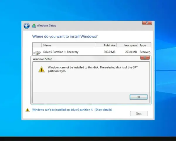 Komunikat błędu instalatora Windows: nie można zainstalować systemu Windows na tym dysku, ponieważ jest on w stylu partycji GPT.