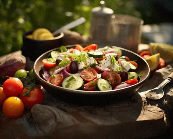 En härlig grekisk sallad med tomater, gurka, fetaost och oliver, serverad utomhus i solsken.