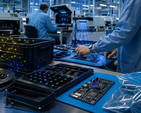 Workers in a cleanroom assemble electronics on a blue mat, surrounded by electrically safe plastics and components.