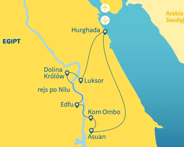 Mapa Egiptu z zaznaczonymi trasami zwiedzania: Hurghada, Luksor, Dolina Królów, rejs po Nilu, Edfu, Kom Ombo, Asuan.