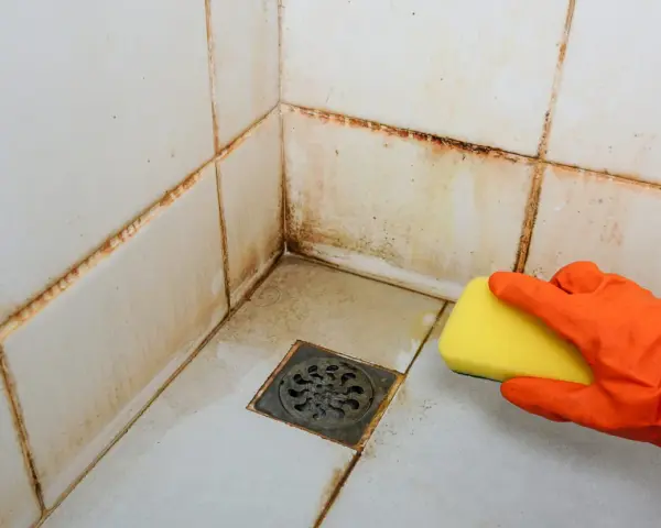 Main d'une personne portant un gant orange, utilisant une éponge jaune pour nettoyer le joint de carrelage sale dans une douche.