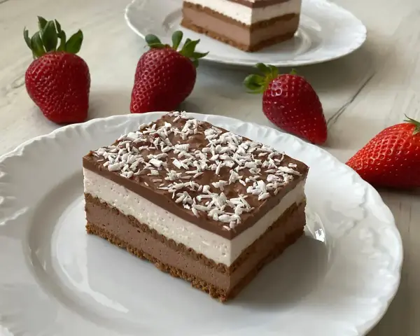 Szybkie ciasto z serkiem mascarpone, warstwowe, z polewą czekoladową i wiórkami kokosowymi, ozdobione świeżymi truskawkami.