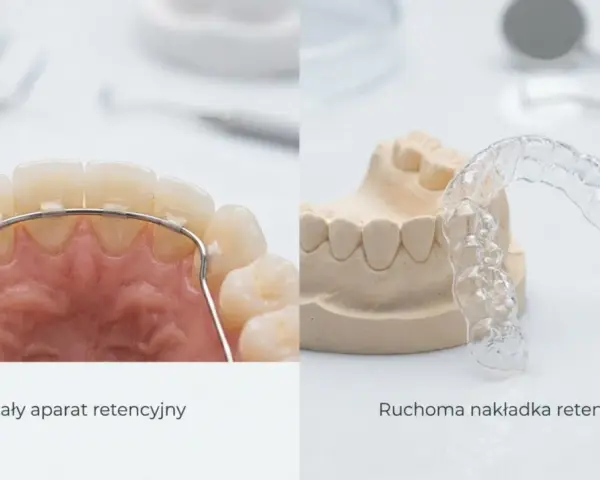 Stały aparat retencyjny na zębach i ruchoma nakładka retencyjna na modelu.