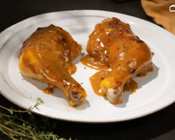 Dos jugosas piernas de pollo a la mostaza, cubiertas con una salsa dorada y espolvoreadas con hierbas, servidas en un plato blanco.