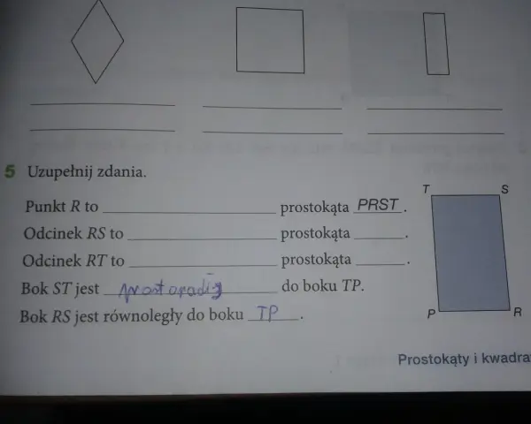 Uzupełnianie zadań o prostokątach. Proste pytania, trywialne odpowiedzi. Prostokąt PRST.