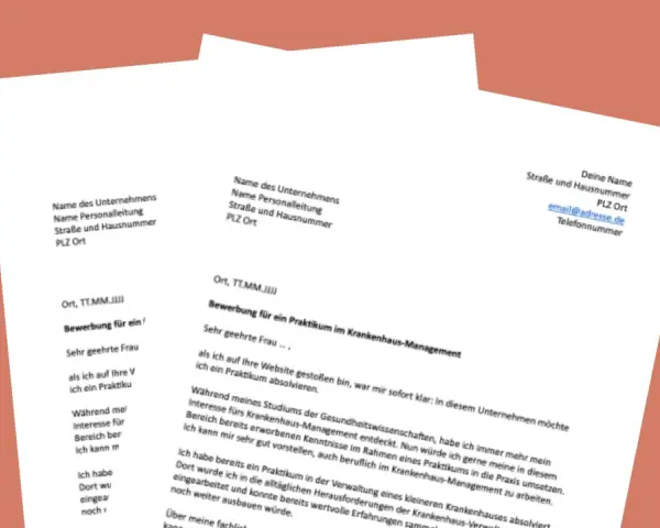 Bewerbung nach Praktikum: Dokumente mit Adressfeldern und Texten, die eine Bewerbung für ein Praktikum im Krankenhaus-Management beschreiben.