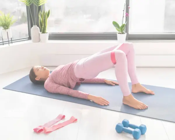 Femme faisant un pont avec une bande de résistance pour comment muscler les fessiers. Haltères et bandes roses à proximité.