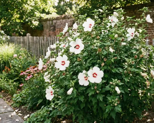 Białe kwiaty hibiskusa odmiany do ogrodu kwitną obficie przy drewnianym płocie. Pszczoły zbierają nektar.