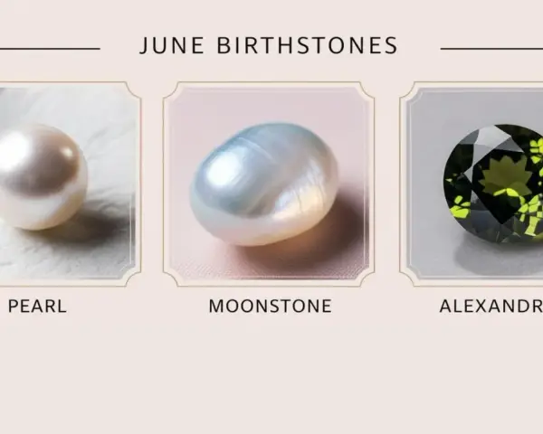 June birthstones: a lustrous pearl, an iridescent moonstone, and a vibrant alexandrite.