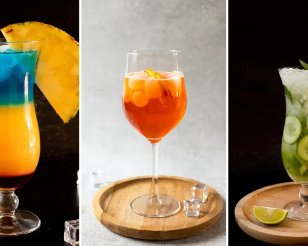 Kolorowy drink przepis: tropikalny, pomarańczowy i zielony koktajl z owocami i miętą. Idealne na lato.