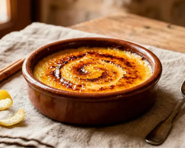 Crema catalana receta: postre con costra de caramelo tostado, canela y piel de limón.