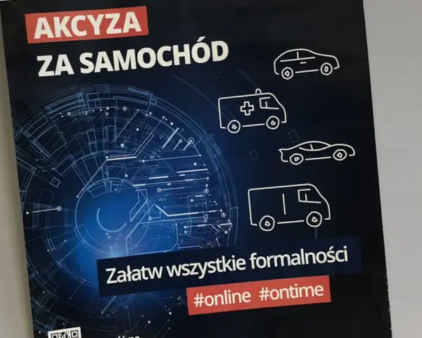 Akcyza za samochód – załatw formalności online i ontime. Grafika przedstawia różne pojazdy: auto, karetkę, sportowy samochód i vana.
