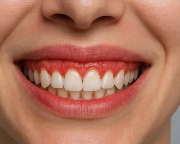 Uśmiech z widocznymi dziąsłami, które nadają mu charakterystyczny "gummy smile".
