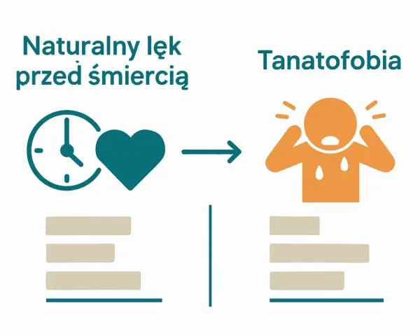 Naturalny lęk przed śmiercią (zegar, serce) ewoluuje w tanatofobię (przerażona, spocona postać).