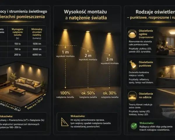 Wybór oświetlenia: lumeny i kelwiny. Tabela pokazuje, ile lumenów potrzeba na m², zależnie od natężenia światła (lx). Wykres ilustruje wpływ wysokości montażu na natężenie światła.