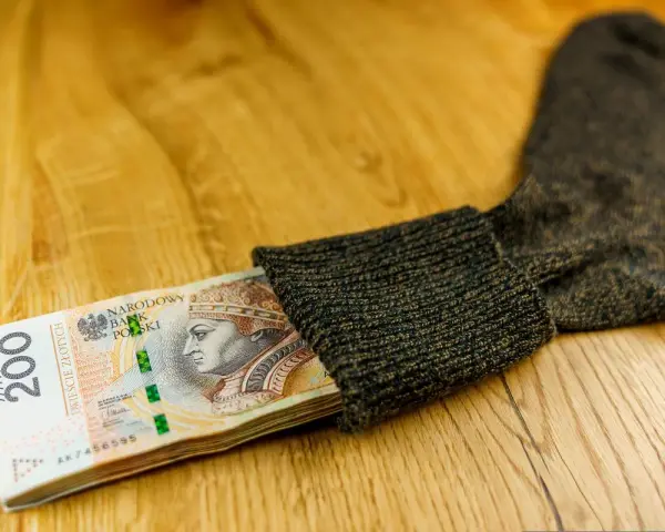 Stos banknotów 200 zł ukryty w ciemnej skarpecie. Czy to sposób na wykupienie się od wyroku?