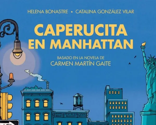 Ilustración de "Caperucita en Manhattan", con la Estatua de la Libertad y edificios neoyorquinos.