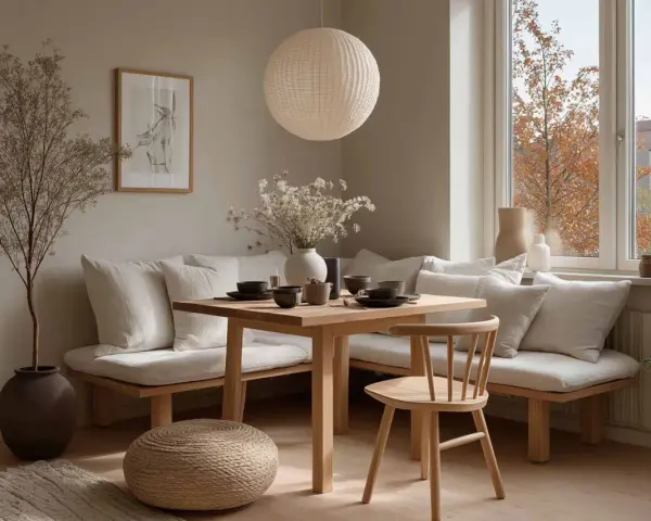 Gemütliche Ecke mit Holztisch, Bank und Stuhl. Tolle Ideen für ein kleines Esszimmer einrichten, mit Deko wie Vase und Bild.