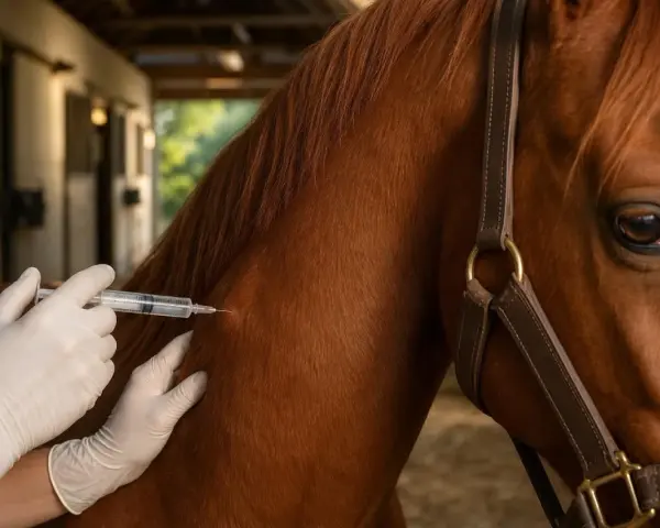 Un vétérinaire administre un vaccin à un cheval brun dans une écurie.