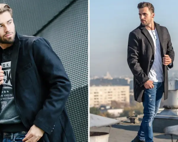 Mężczyzna w stylowych stylizacjach z czarnym płaszczem, prezentujący miejski szyk.
