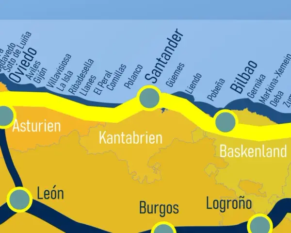 Karte des Jakobswegs in Nordspanien. Der Camino del Norte führt von Ribadeo über Oviedo, Santander und Bilbao nach Irun.