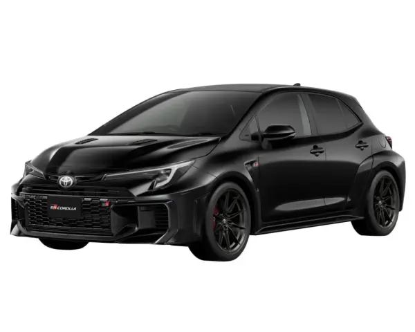 Czarna Toyota Corolla GR z agresywnym grillem i sportowymi felgami, gotowa do podboju dróg.