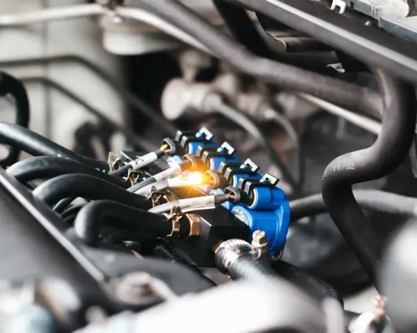 Close-up of a car's engine, focusing on a blue fuel injector rail with glowing orange light. This image might help you understand the fuel injector replacement cost.