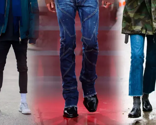 Tre persone mostrano diversi stili di pantaloni: skinny fit neri, jeans a sigaretta con cuciture a vista e jeans a zampa con orlo sfrangiato.