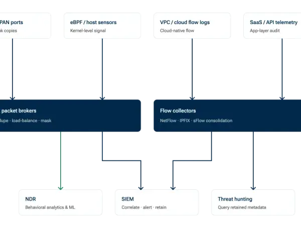 Network monitoring flow: TAPs/SPAN ports provide passive test access, feeding data to network packet brokers for aggregation before analysis by NDR, SIEM, or threat hunting tools.