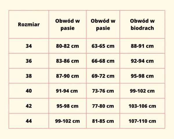 Tabela rozmiarów odzieży. Rozmiar 44 odpowiada obwodowi w pasie 99-102 cm i w biodrach 107-110 cm.