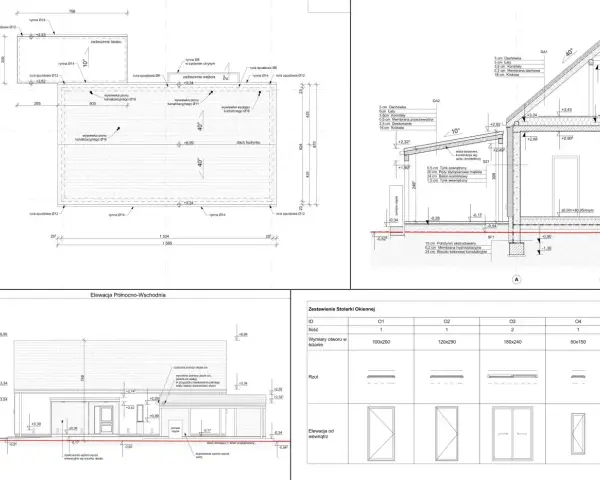 Projekt budowlany zawiera rzuty, przekroje i elewacje, które pokazują z czego składa się projekt budowlany, w tym detale konstrukcyjne i stolarkę okienną.
